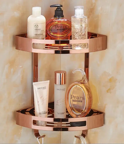 Modern gold stainless steel two tier corner shelf shower caddy with rose gold finish and transparent glass inserts by decorbites gold stainless