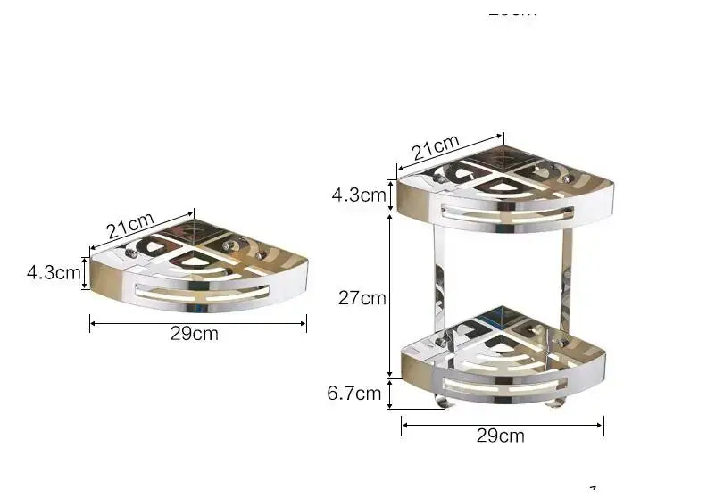 Modern gold stainless steel two tier corner shelf with shiny chrome finish geometric cutouts for bathroom use decorbites stainless steel