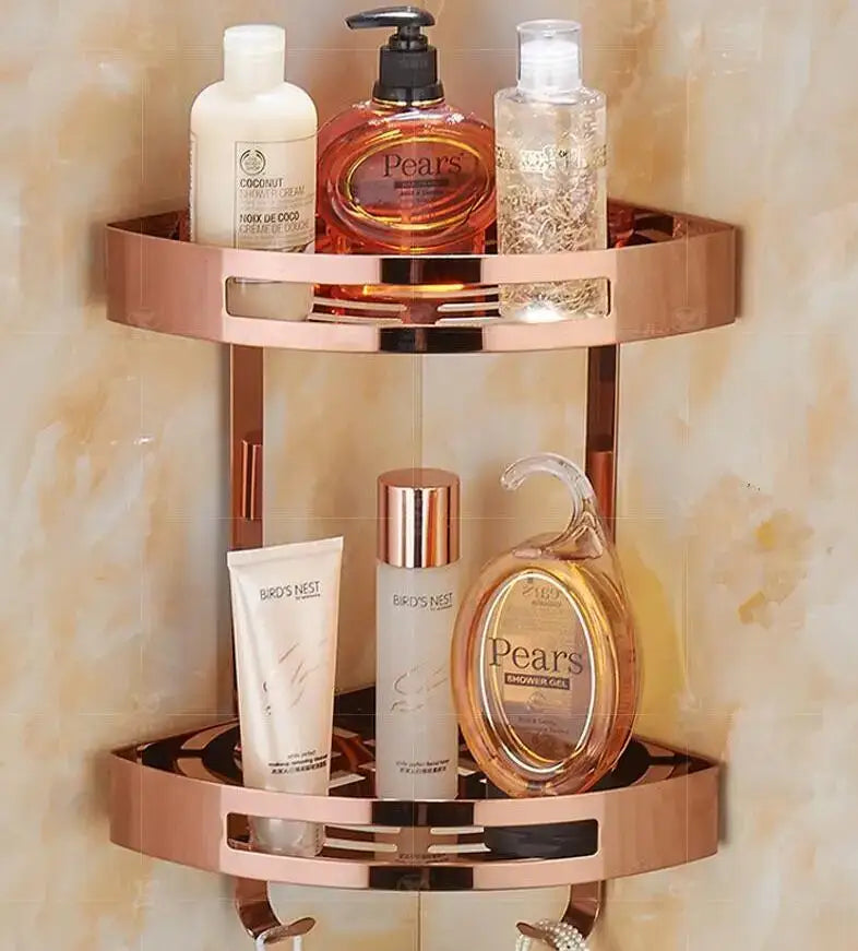 Modern gold stainless steel two tier corner shelf shower caddy in rose gold with integrated hooks by decorbites gold stainless
