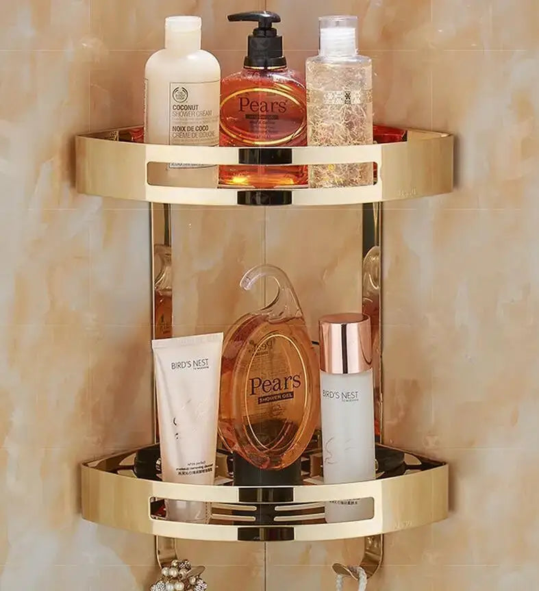 Modern gold stainless steel two tier corner shelf shower caddy with sleek design by decorbites gold stainless steel