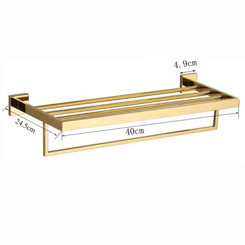 Modern gold stainless steel wall mount towel rack with double-tiered design and sleek metallic finish for bathroom use