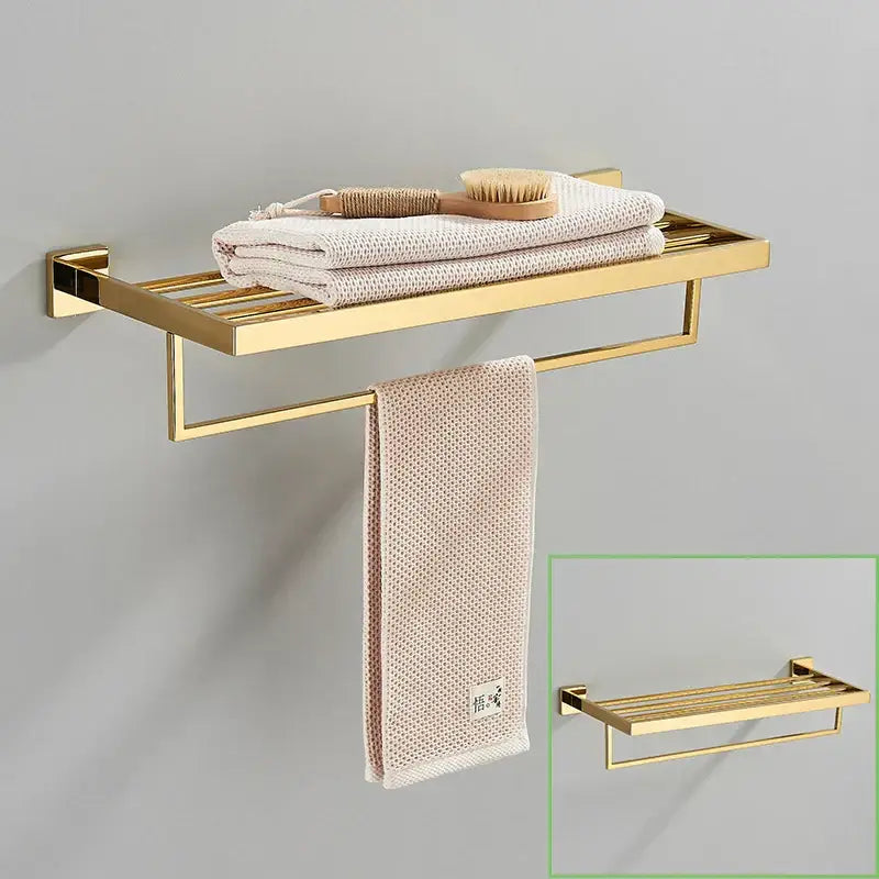 Modern gold stainless steel wall mount towel rack with upper shelf and lower hanging bar for bathroom use