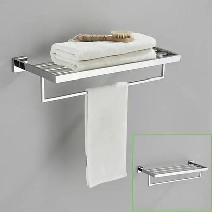 Modern gold stainless steel wall mount towel rack with chrome finish flat shelf and hanging bar in sleek design