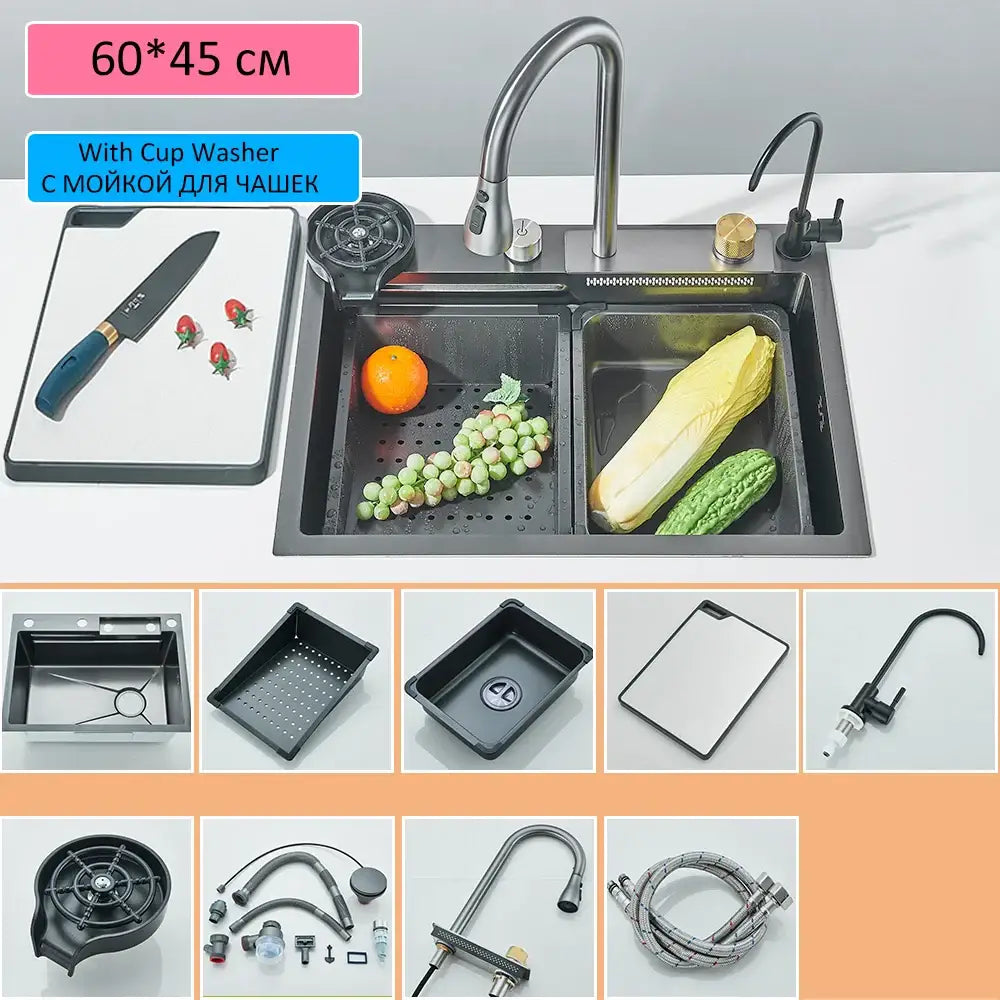 Black stainless steel double-basin kitchen sink with integrated cup washer and modern faucet assembly in stainless steel set