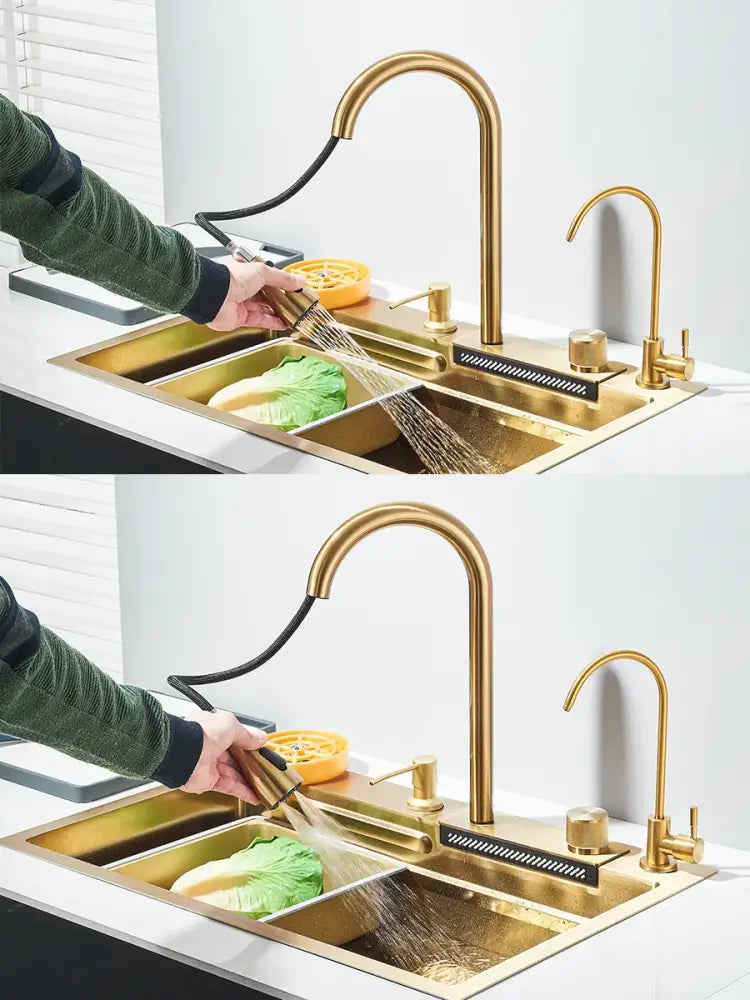 Modern gold stainless steel kitchen faucet with curved spout and extendable pull-out spray head for waterfall sink set