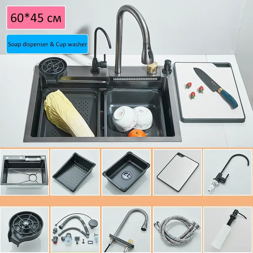 Black stainless steel double-basin kitchen sink with integrated soap dispenser and cup washer in modern gold stainless steel set