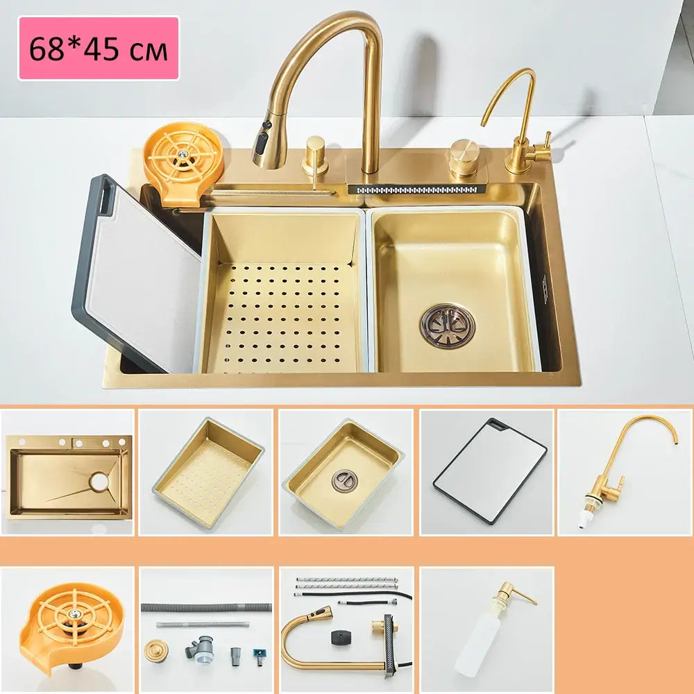 Modern gold stainless steel waterfall sink kitchen integrated set with double-basin, gooseneck faucet, and cutting board