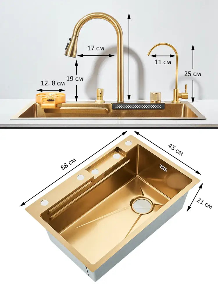 Modern gold stainless steel waterfall sink kitchen integrated set with high-arc faucet and precise installation markings