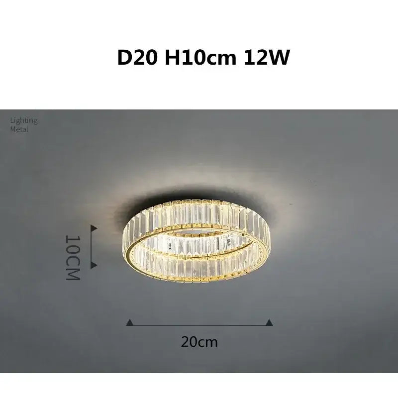 Modern gold steel led dimmable crystal ceiling light with gold-toned circular frame and faceted crystal rings for bedroom decorbites gold steel