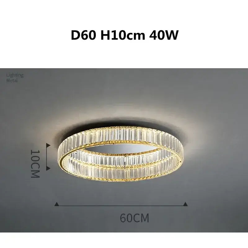 Modern gold steel led dimmable crystal ceiling light with gold-toned circular design and faceted crystal rings for bedroom decor