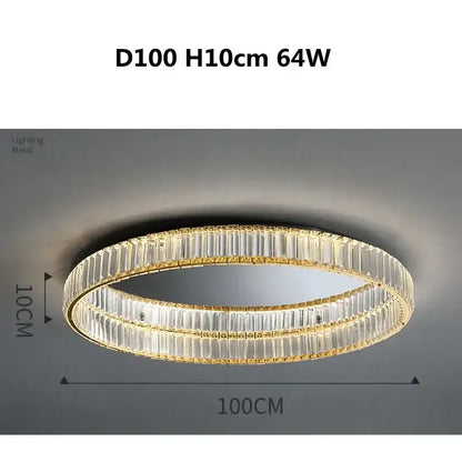 Modern gold steel led dimmable crystal ceiling light featuring two concentric rings for bedroom decorbites gold steel
