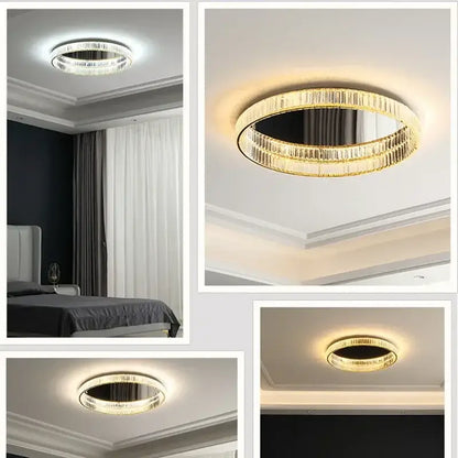 Modern gold steel led dimmable crystal ceiling light fixture with concentric faceted rings for bedroom decorbites gold steel