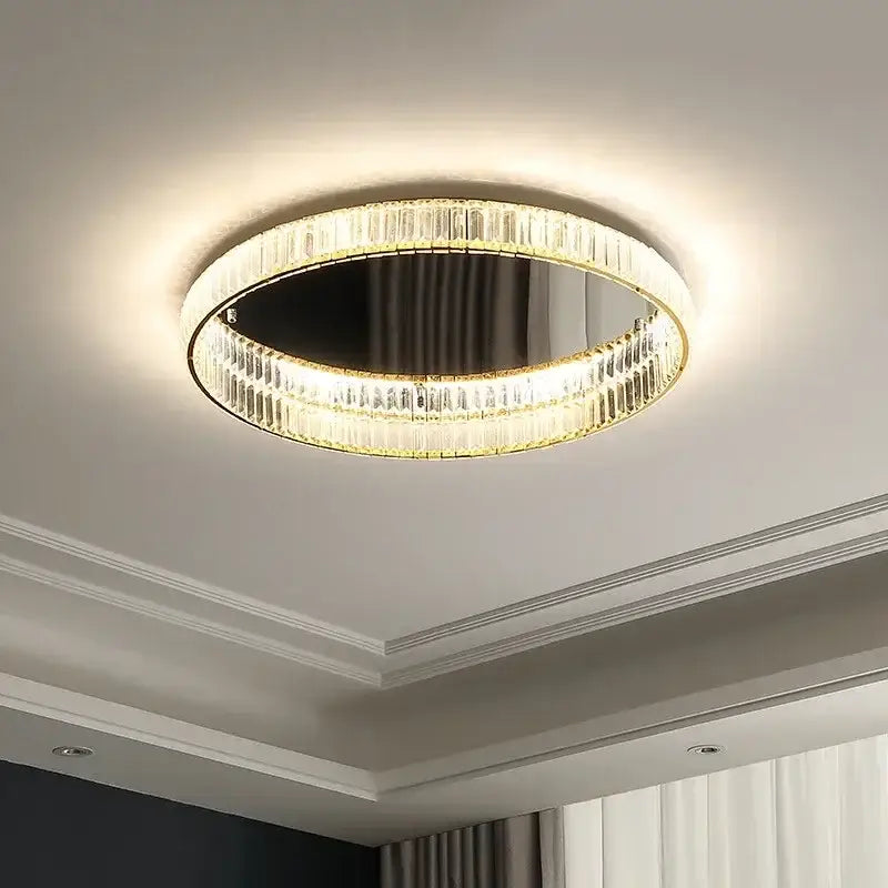 Modern gold steel led dimmable crystal ceiling light with clear faceted crystals and dark mirrored center for bedroom decorbites steel led