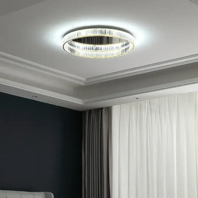 Modern gold steel led dimmable crystal ceiling light with circular chrome frame and faceted crystal rings for bedroom decorbites gold steel