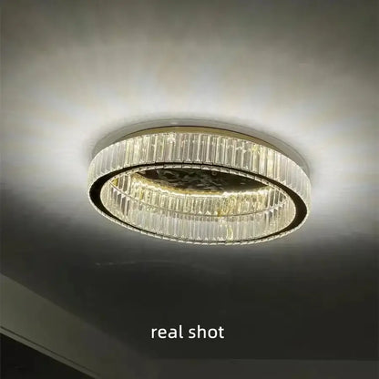 Modern gold steel led dimmable crystal ceiling light with concentric rings and faceted prisms for bedroom decorbites steel led