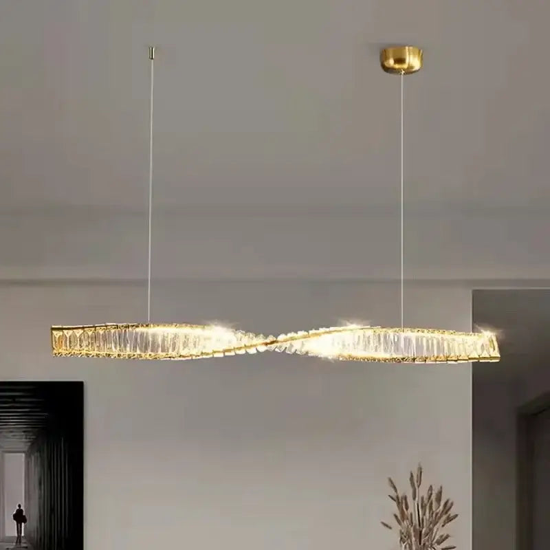 Modern gold steel led pendant light with twisted rectangular design and crystal elements for dining room decorbites gold steel