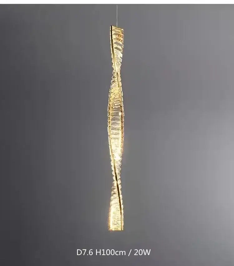 A sleek twisted gold steel led pendant light with modern sculptural design for dining room decorbites gold steel