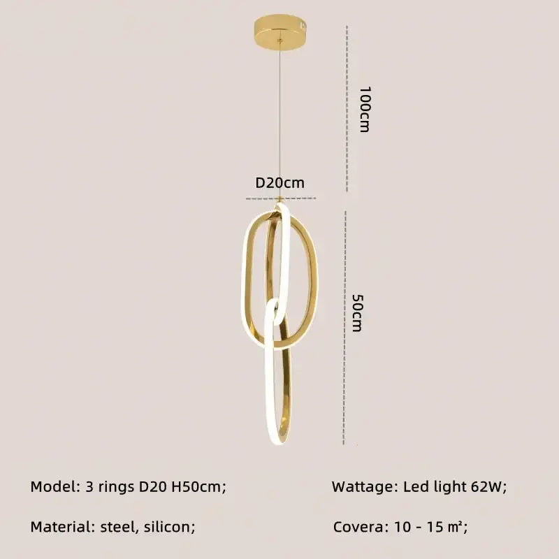 Modern gold steel pendant light with three interlocking oval rings in steel and silicone for dining room decorbites gold steel