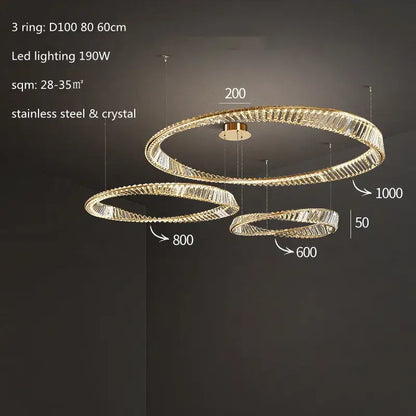 Modern three-tiered pendant light with gold steel rings and crystal accents for dining room illumination