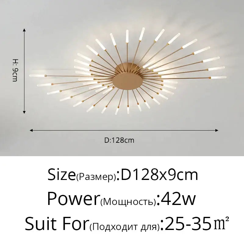 Modern gold sunburst acrylic led ceiling light with slender rods and frosted glass shades by decorbites acrylic led ceiling