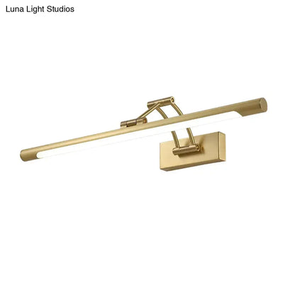 Modern gold swing arm wall lamp with gold finish and adjustable elongated arms for bathroom vanity lighting