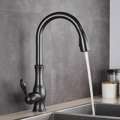 Black matte kitchen faucet with curved spout and pull-down spray head for modern decorbites gold swivel setups