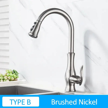 Brushed nickel kitchen faucet with sleek curved spout and pull-down spray head in decorbites gold swivel style