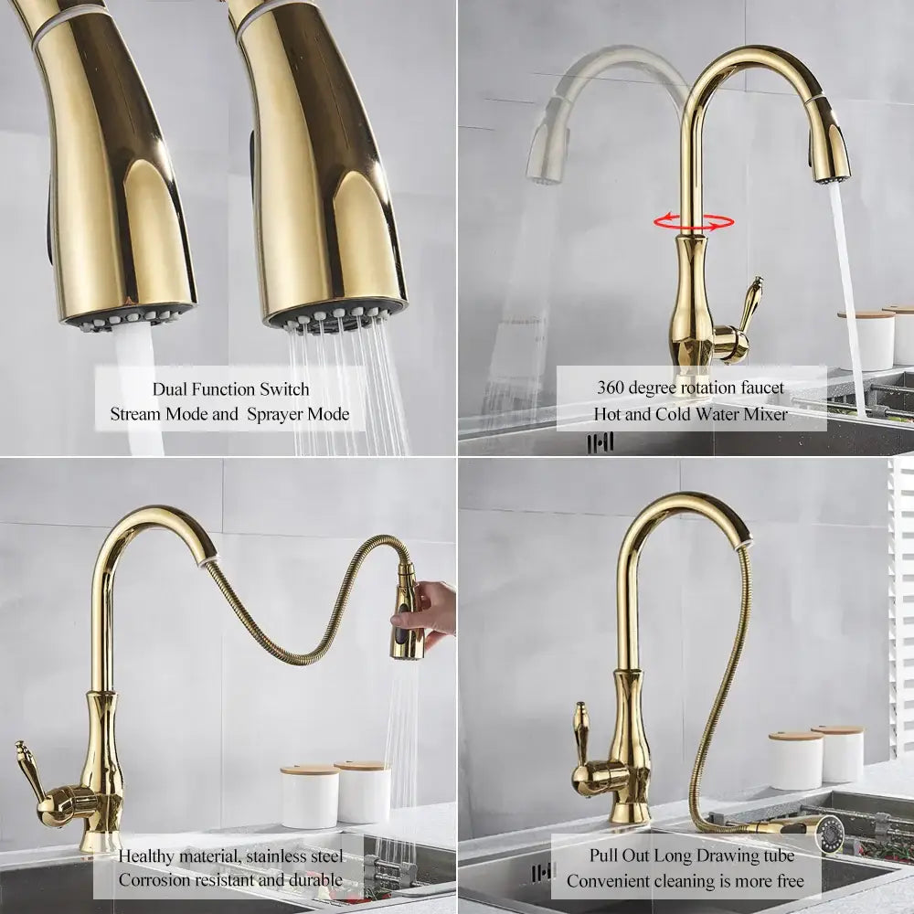 Modern gold swivel kitchen faucet by decorbites gold with stainless steel construction and pull down sprayer for kitchen use
