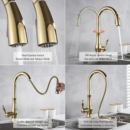 Modern gold swivel kitchen faucet by decorbites gold with stainless steel construction and pull down sprayer for kitchen use