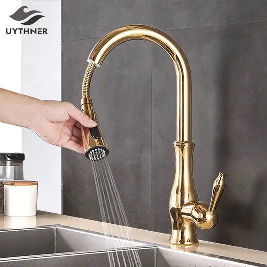 Modern gold swivel kitchen faucet with decorbites gold finish and flexible pull down sprayer for efficient kitchen use