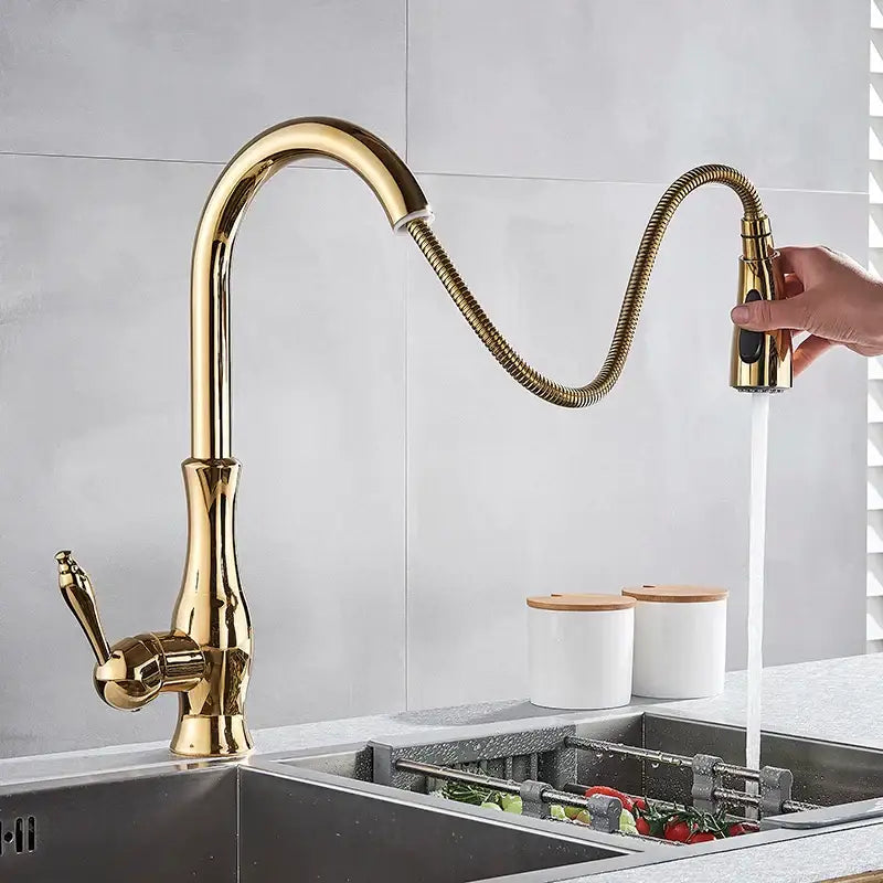 Modern gold swivel kitchen faucet by decorbites gold with sleek flexible gooseneck spout and pull down sprayer