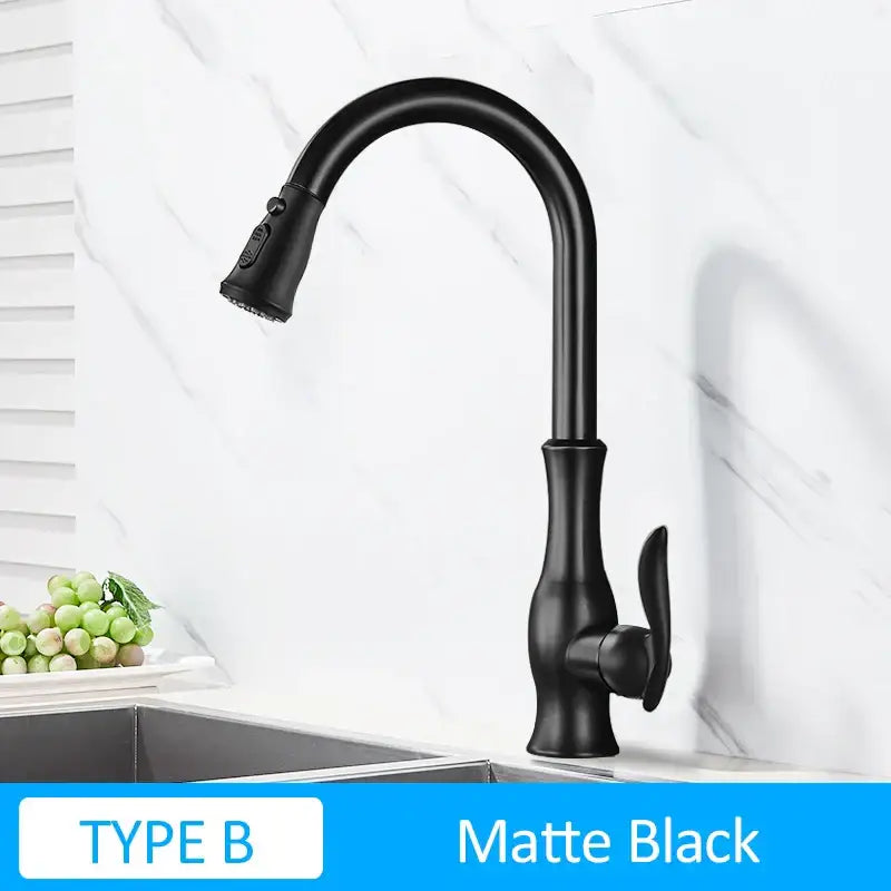 Matte black kitchen faucet with curved spout and pull-down spray head for decorbites gold swivel kitchen faucet use