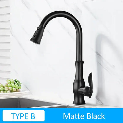 Matte black kitchen faucet with curved spout and pull-down spray head for decorbites gold swivel kitchen faucet use