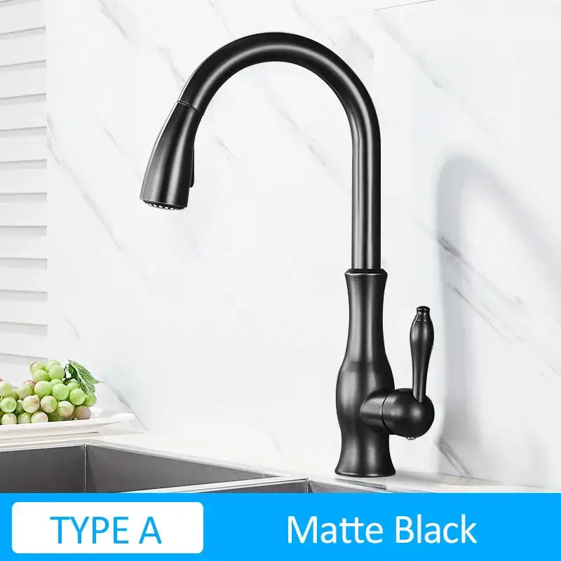 Matte black matte-finish kitchen faucet with sleek curved spout and elegant handle in decorbites gold swivel style