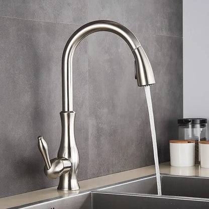 Modern gold swivel kitchen faucet with pull down sprayer featuring a stainless steel curved spout and single lever handle decorbites gold