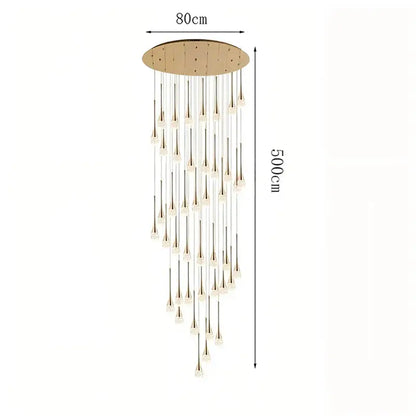 Modern gold pendant light with circular mount and cascading metallic rods holding frosted crystal teardrop pendants for dining room