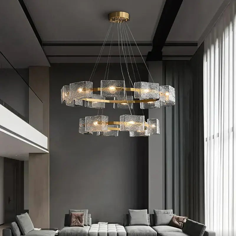 Modern gold textured glass crystal chandelier featuring double-tier textured glass cubes and metal frames by decorbites crystal chandelier