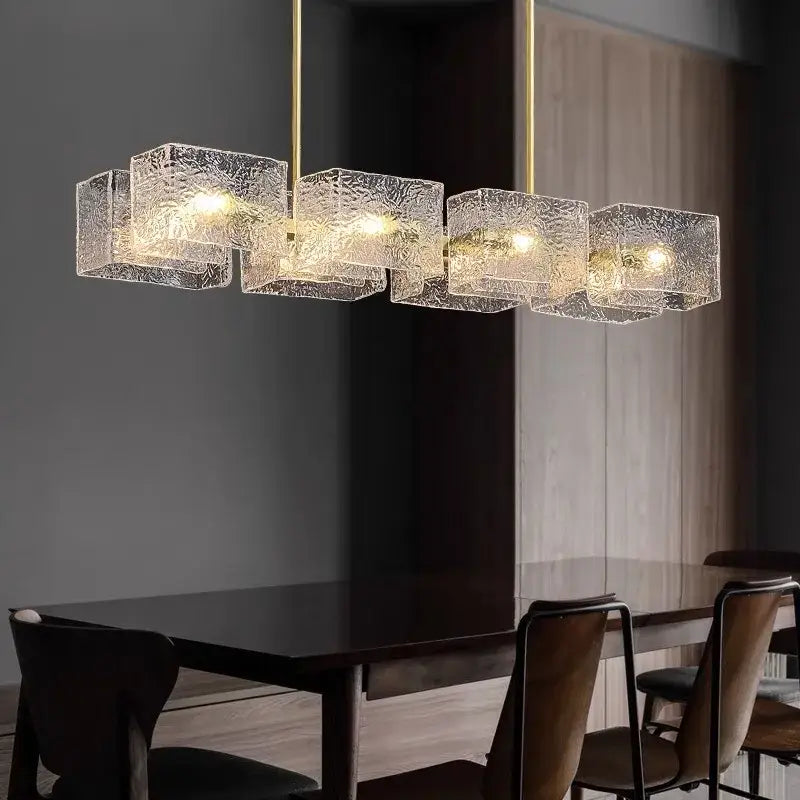 Modern gold textured glass crystal chandelier with geometric translucent cubes by decorbites crystal chandelier for living room decor