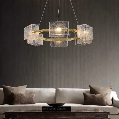 Modern gold textured glass crystal chandelier with translucent cubes for living room decorbites crystal chandelier