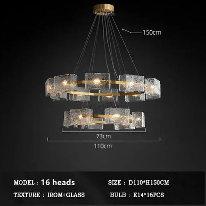 Modern gold textured glass crystal chandelier with two tiers of frosted cubes and 16 bulbs by decorbites crystal chandelier