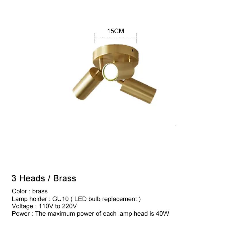 Brass three-head ceiling lights with adjustable arms and gu10 lamp holder for modern kitchen decorbites adjustable gu10