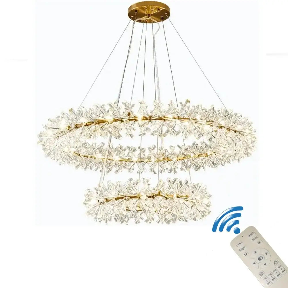 Modern gold three tier crystal led chandelier with flower shaped elements and remote control by decorbites crystal led