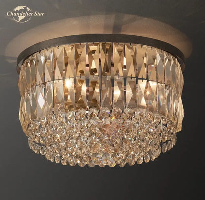 Modern gold tiered crystal flushmount ceiling light with dark metal frame and clear crystals for dining room decorbites ceiling light