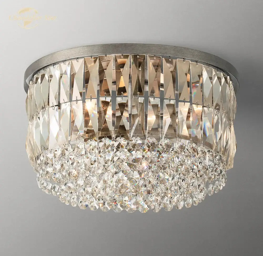 Modern gold tiered crystal flushmount ceiling light with silver metal frame and clear prisms for dining room decorbites crystal flushmount