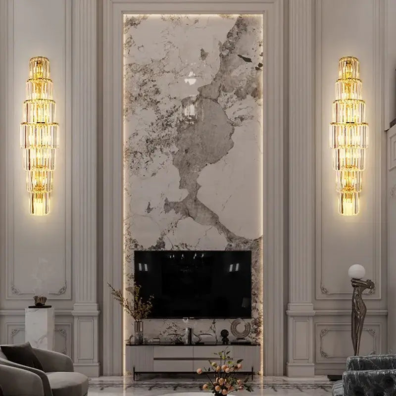 Modern gold tiered crystal nordic wall lamp with faceted glass elements for elegant living room sconce decorbites crystal nordic