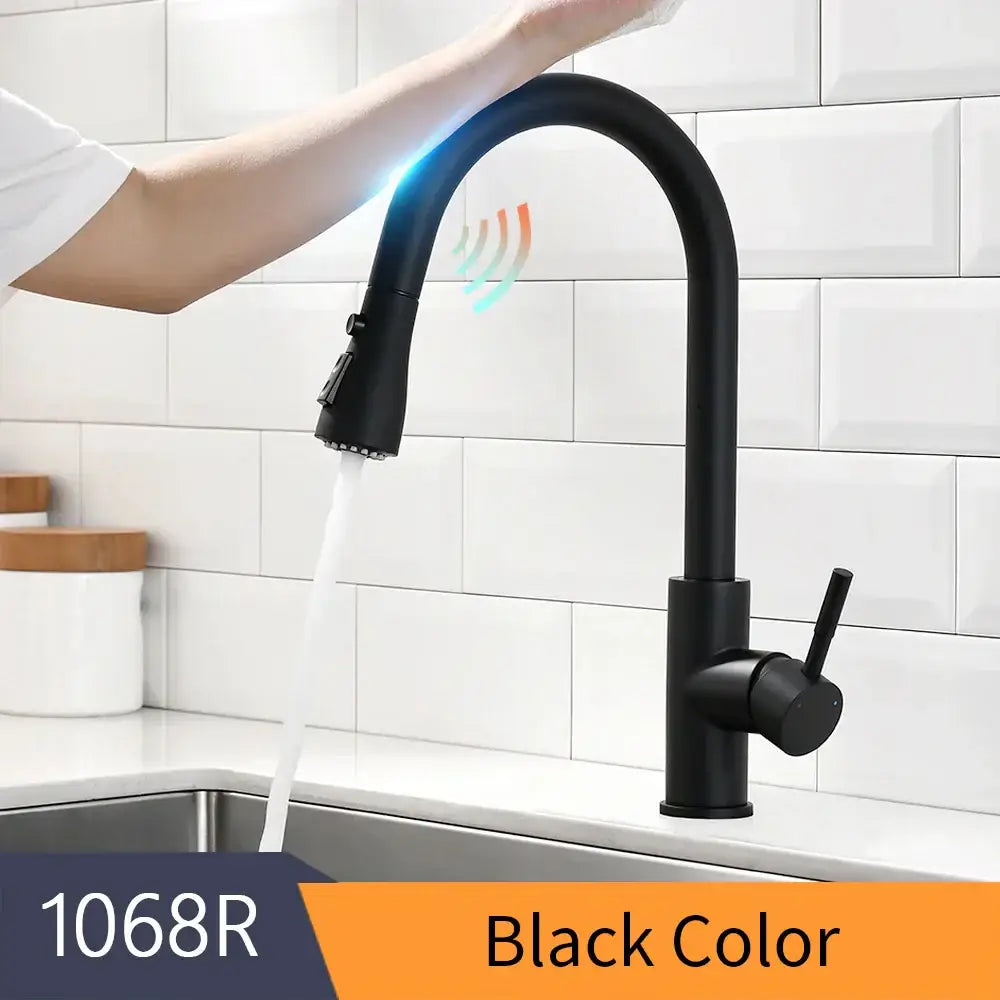 Black matte touch control sink tap with sleek curved spout and pull-down spray head for modern kitchen use
