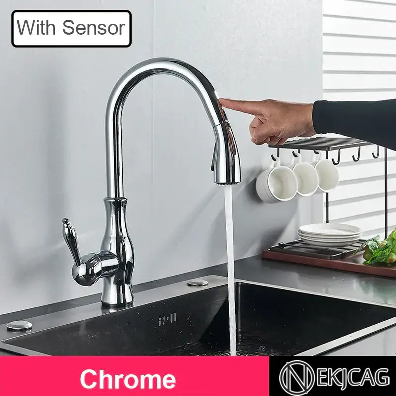 Modern gold touch sensor kitchen faucet with chrome finish and sleek arched pull-down spray head decorbites gold sensor