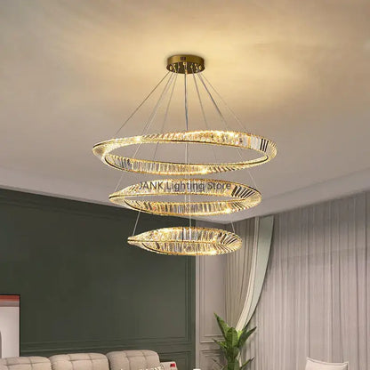 Modern gold triple ring decorbites crystal ceiling chandelier with crystal-encrusted rings and brushed brass mount