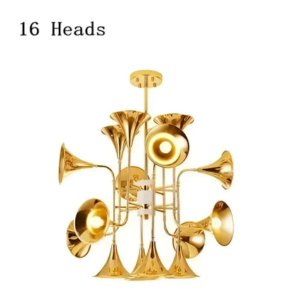 Modern gold trumpet pendant chandelier with sixteen brass trumpet-shaped heads for dining room decorbites gold trumpet