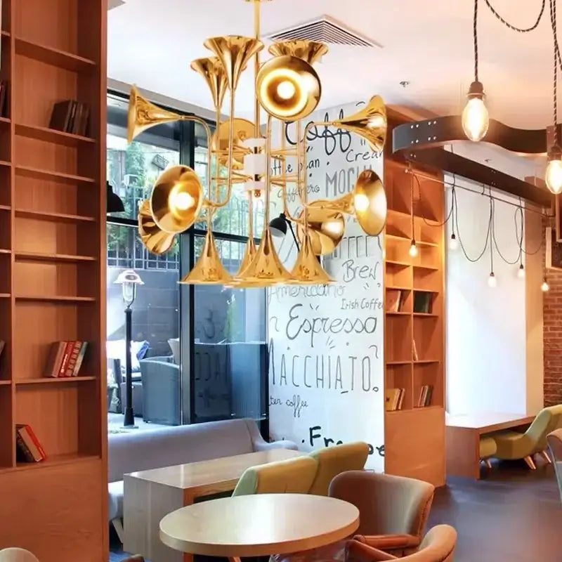 Modern gold trumpet pendant chandelier with multiple flared brass bells for dining room decorbites gold trumpet design